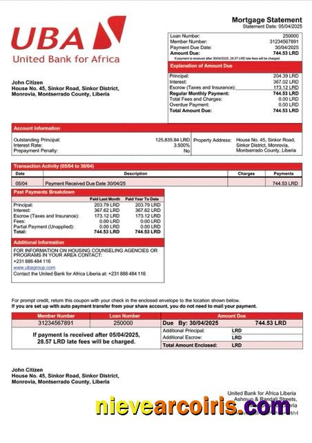 Liberia United Bank for Africa Liberia mortgage statement Word and PDF template